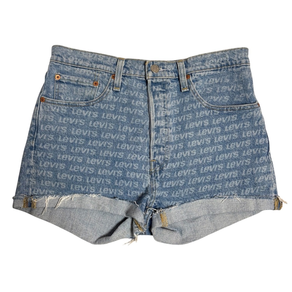 Levi's 501 Denim High Rise Cutoff Shorts All Over Logo Print Frayed Hem Size 29 - Picture 2 of 10